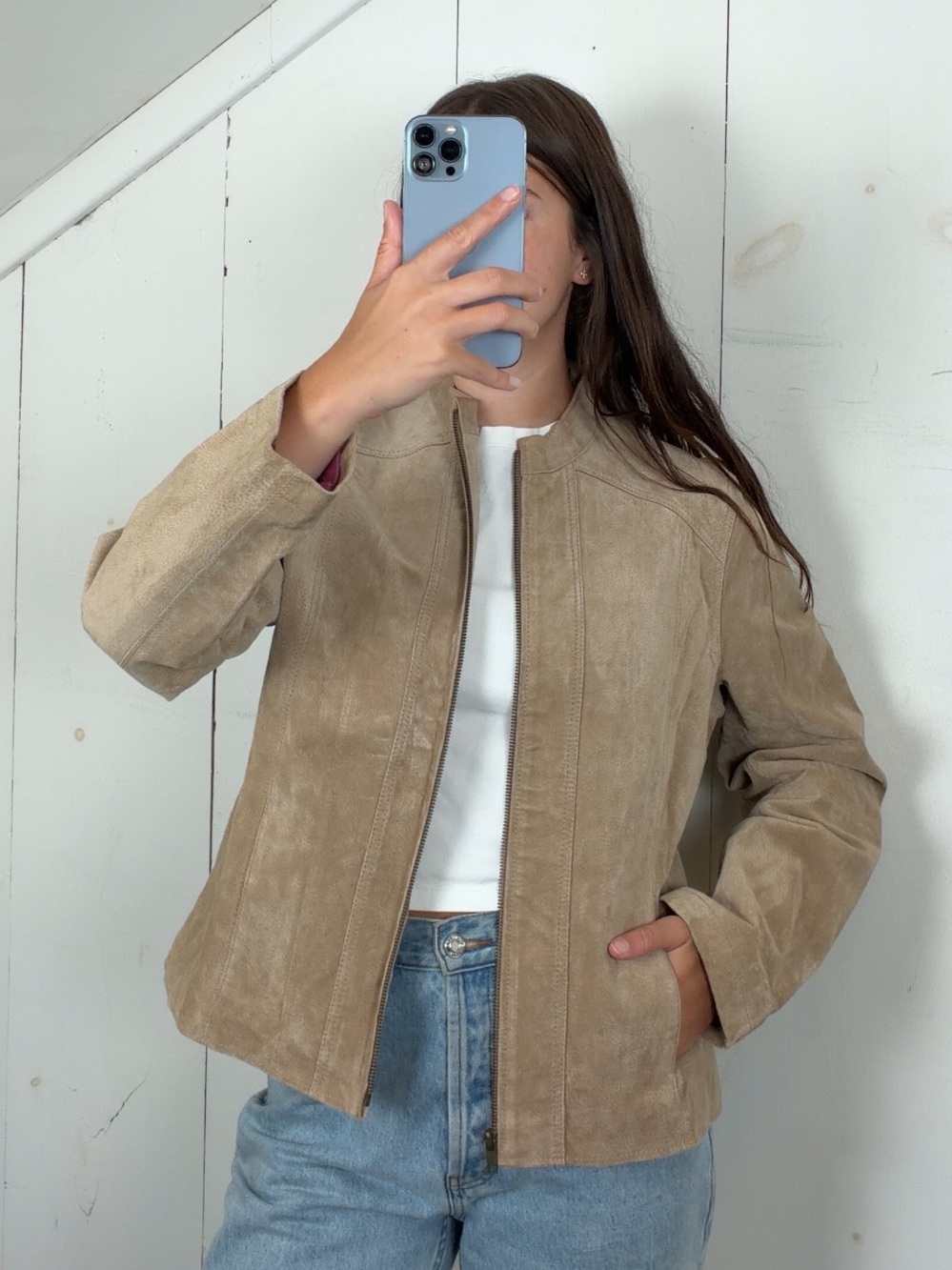 Vintage Tan Suede Leather Jacket Women’s Large Mandarin Collar Lightweight Y2K